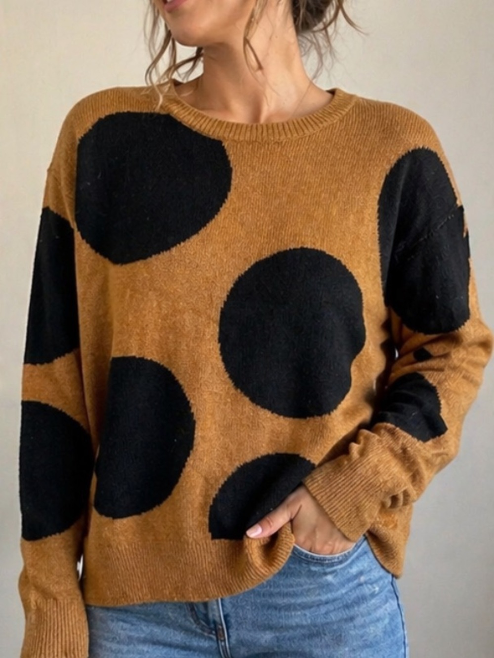 Who What Wear Polka Dot Sweater XL Tan Camel Black Oversized Crewneck Cozy